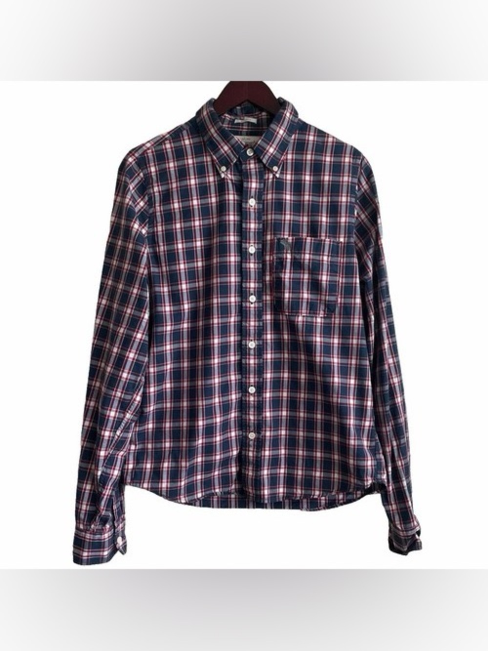 Abercrombie Muscle Men's Navy and Red Plaid Button-Down Shirt